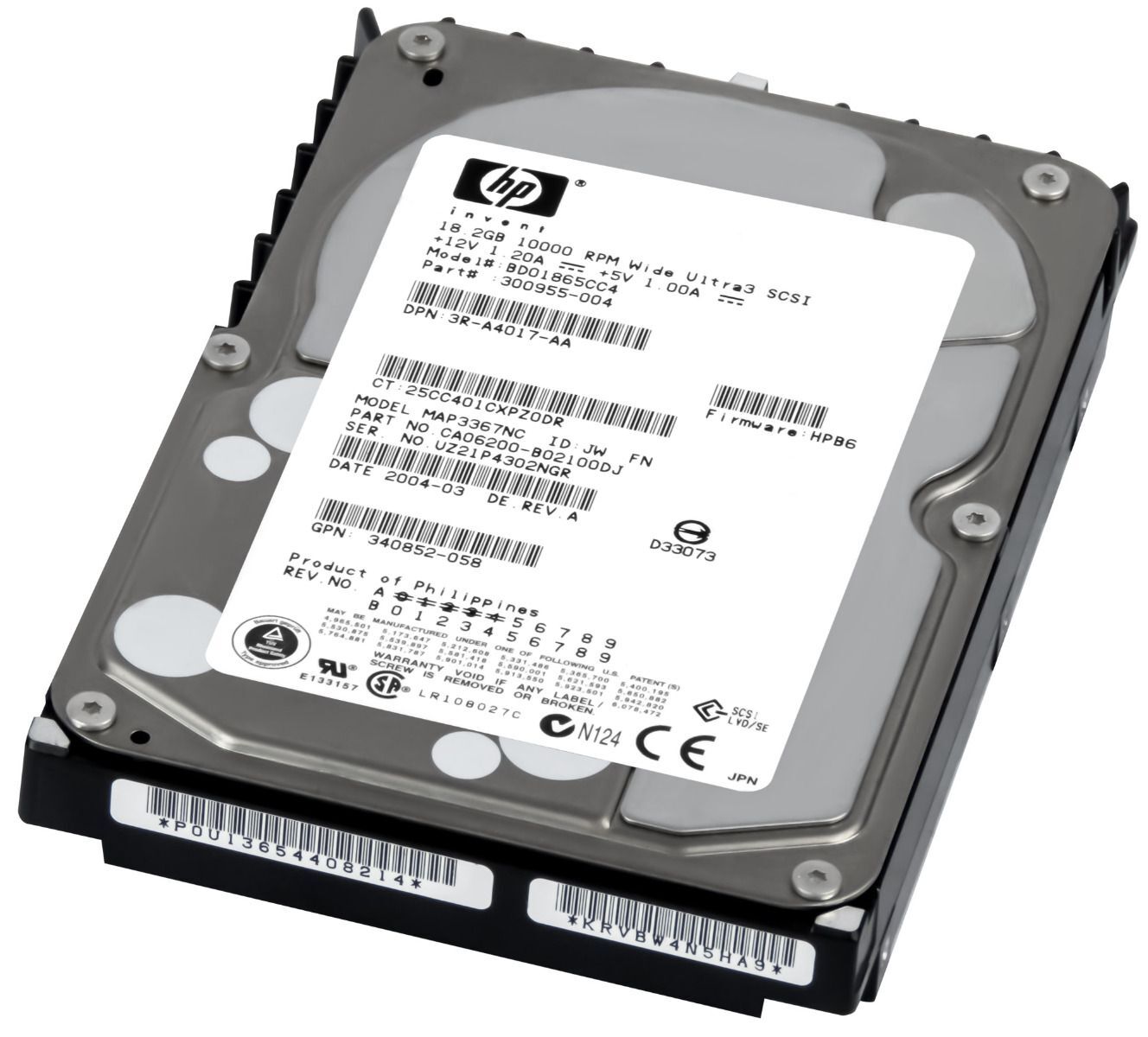 HARD DRIVE HP 300955-004 BD01865CC4 18.2GB 10K 8MB ULTRA3 SCSI 3.5''