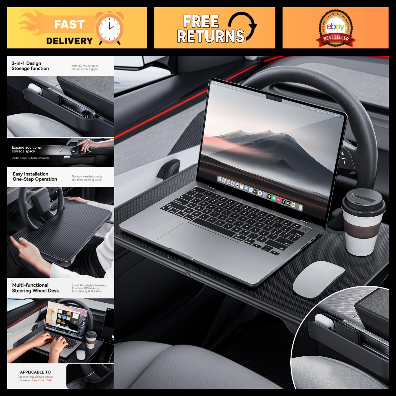 2-in-1 Car Steering Wheel Desk & Seat Gap Organizer - Foldable Table for Laptop,