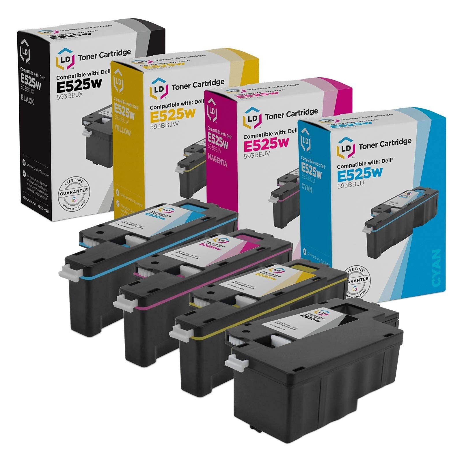 LD Compatible Dell E525w Toner Cartridge Set: 1 Black 1 Cyan 1 Magenta 1 Yellow