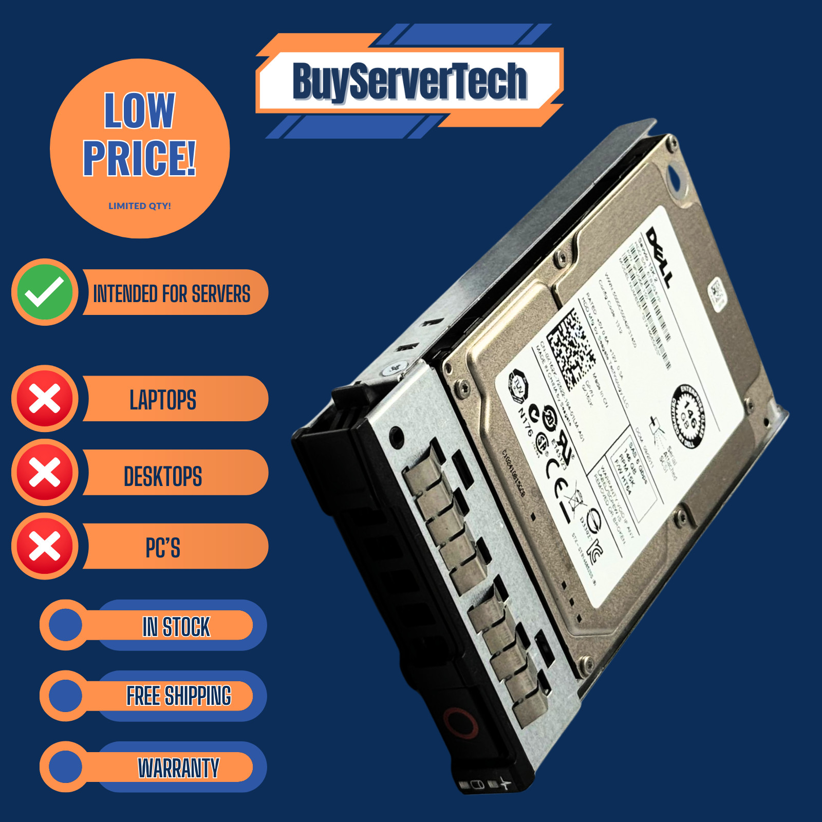 Dell X162K 0X162K 146GB 15K 2.5" SAS 6Gbps HDD | 0 Hours | 2 Tray Options | 1YR