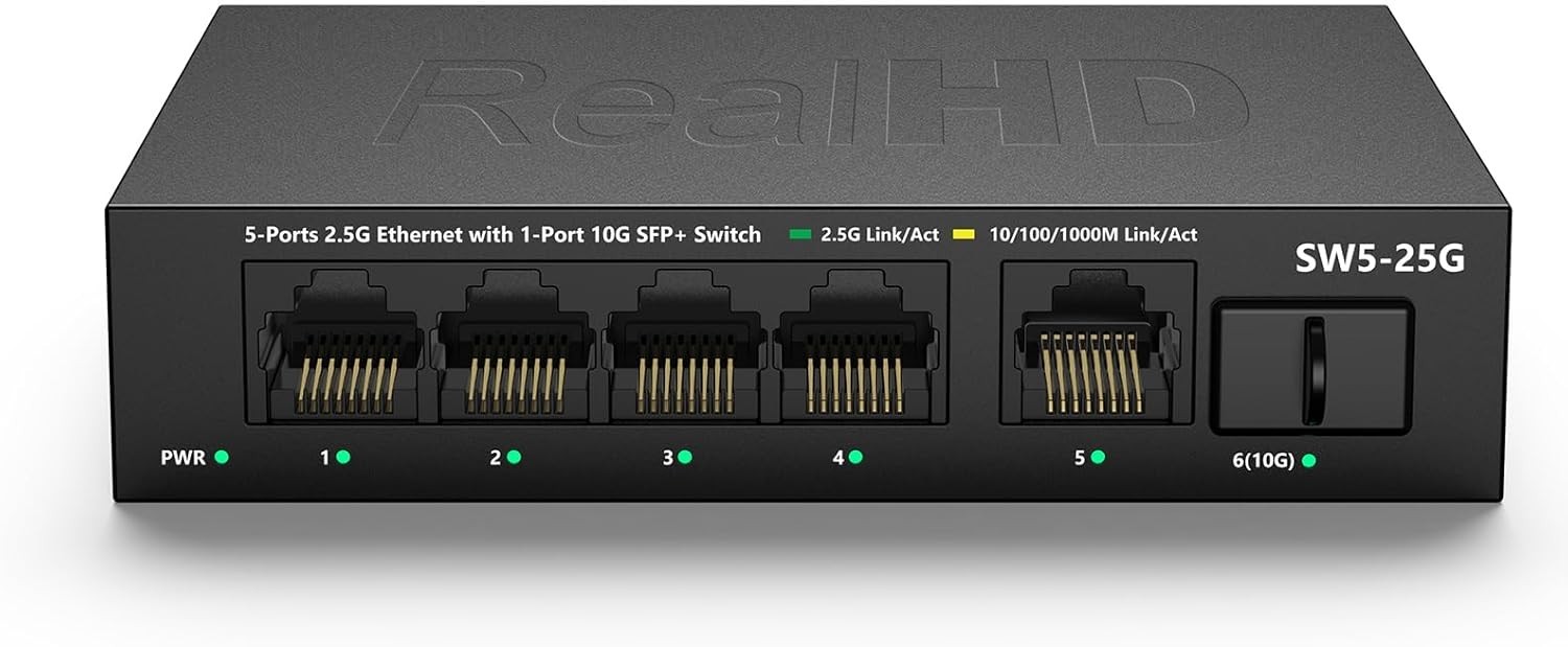 5 Port 2.5Gb Ethernet Switch Unmanaged Network Switch w/5 x 2.5G & 1 x 10G SFP