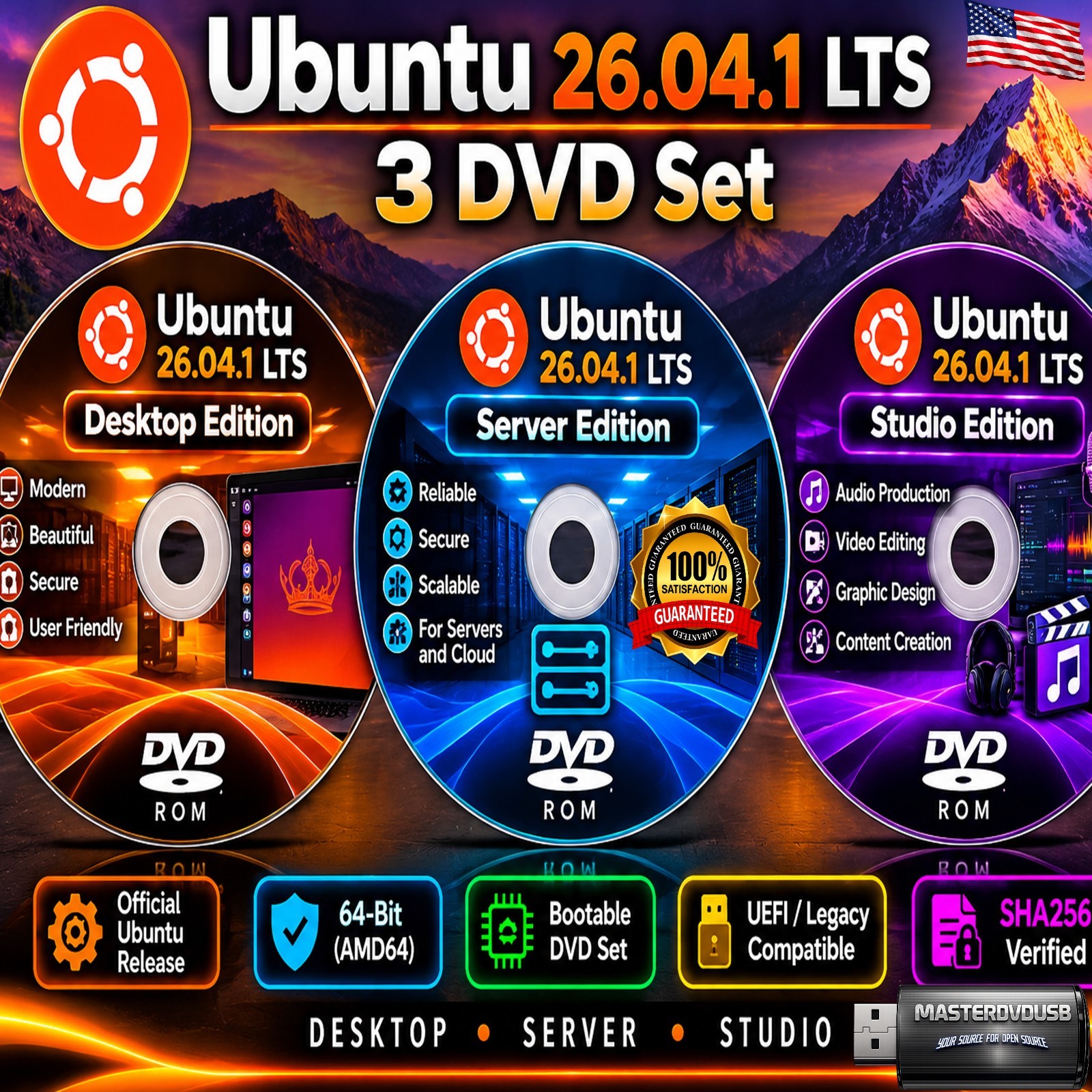 Ubuntu 26.04.1 LTS – 3 DVD Set | Desktop • Server • Studio Edition