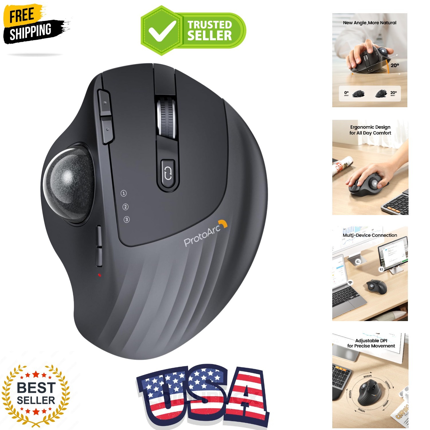 Wireless Trackball Mouse, EM01 NL Ergonomic Bluetooth Rollerball Thumb Rechar...