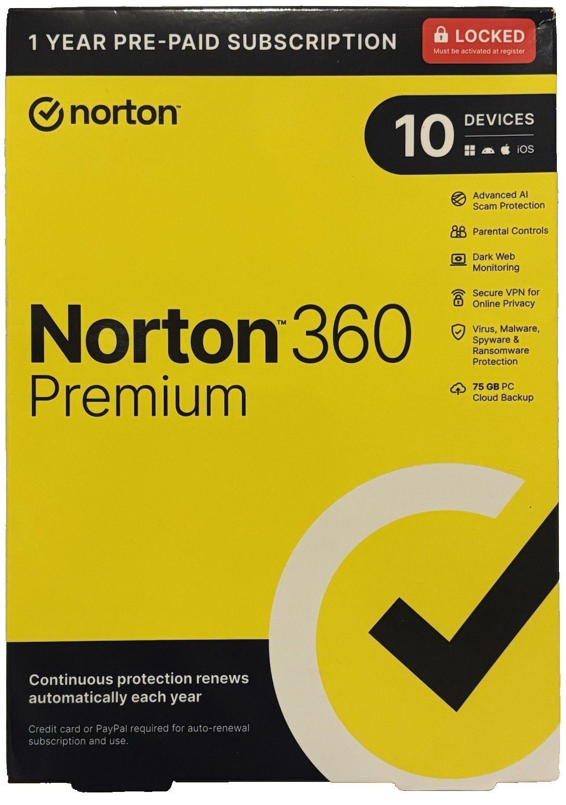 Norton 360 Premium: 10 Devices - 1 year, 75GB Cloud Backup, Secure VPN, more