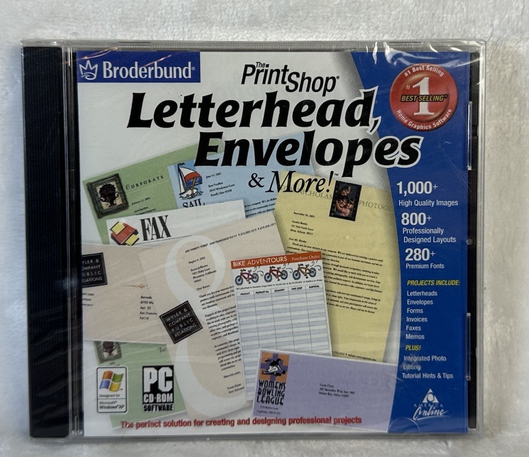 SEALED Broderbund The Print Shop Letterhead Envelopes & More (PC CD-ROM, 2002)