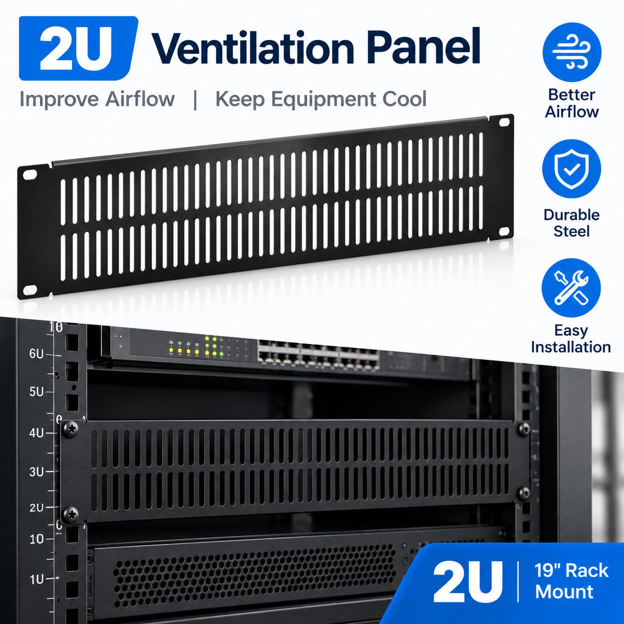 19" Rack Blank Panel 2U Vented Server Cabinet Filler Cover Metal Black Mesh