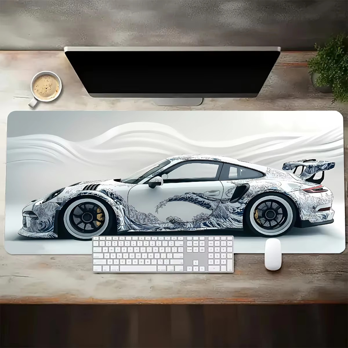 Large White Sports Car Design Gaming Mouse Pad Anti-Slip Rubber Base Extended De