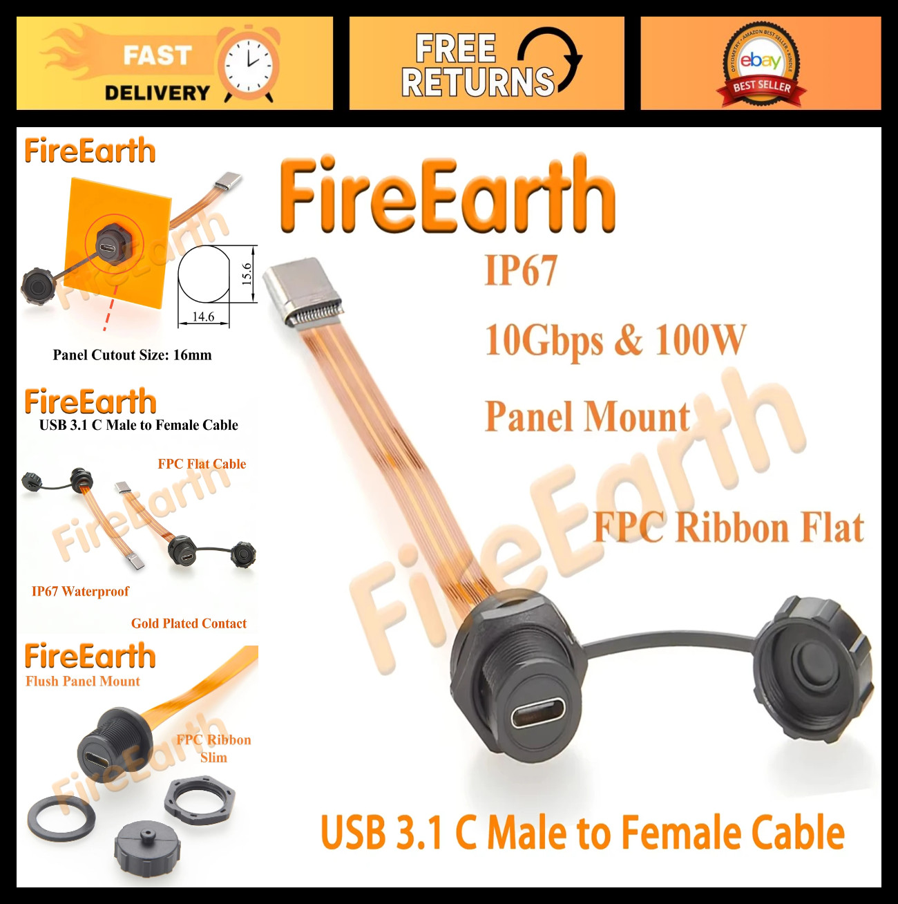 IP67 Waterproof USB 3.1 Type-C Extension Cable 10Gbps Flat Slim Connector 0.2m