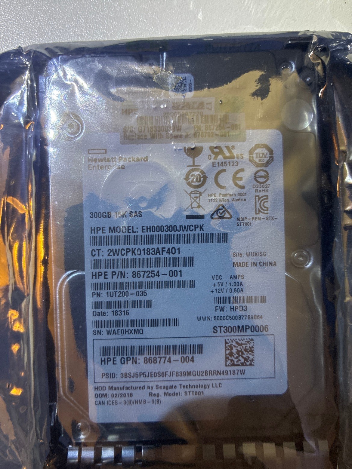 HPE 867254-001 300GB 15K SAS 12Gb/s 2.5" HDD EH000300JWCPK NEW SEALED w/ Tray