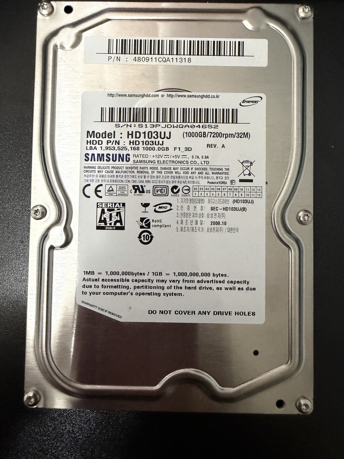 Samsung SpinPoint F1 HD103UJ 1TB 7200RPM 32MB SATA 3.5” HDD Tested Good
