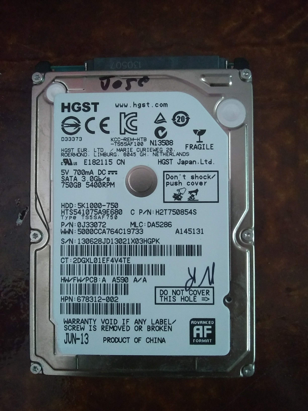 HGST HTS541075A9E680 750GB, Internal, 5400 RPM, 2.5" Hard Drive, Storage, As-is