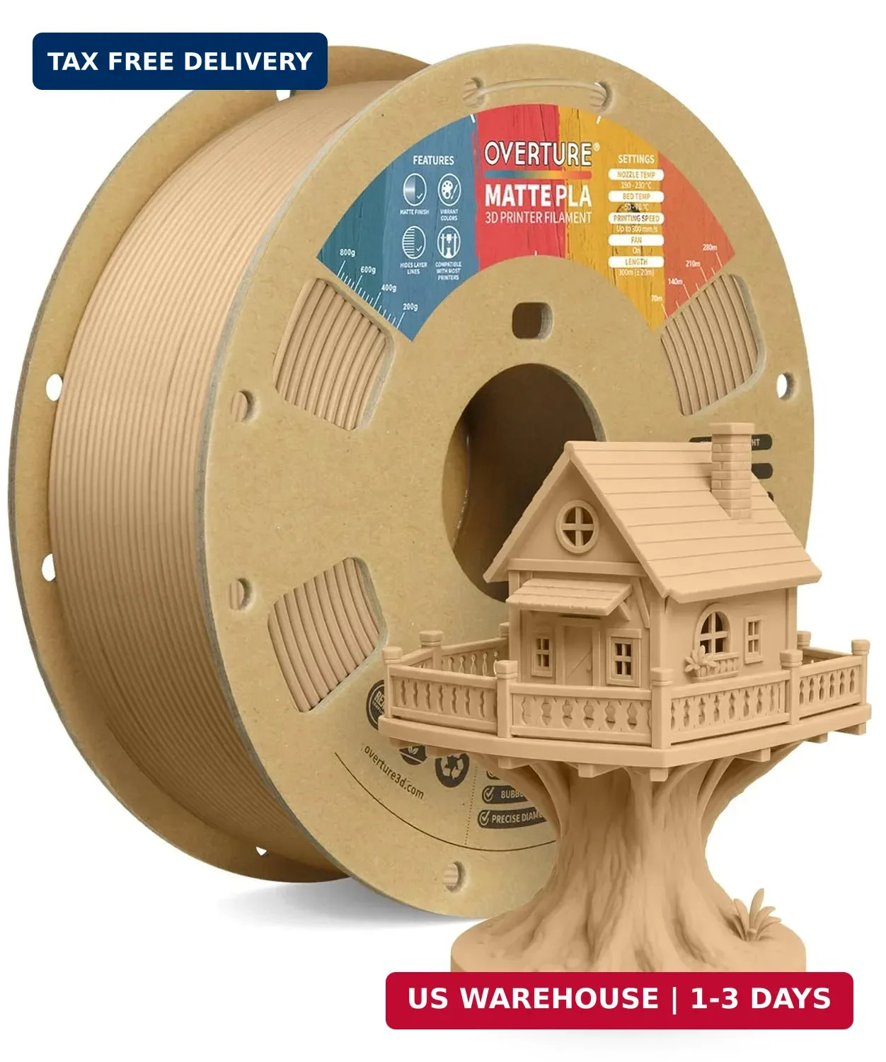 OVERTURE Matte PLA 3D Printer Filament 1.75mm, Matt Surface & Low Warping Filame
