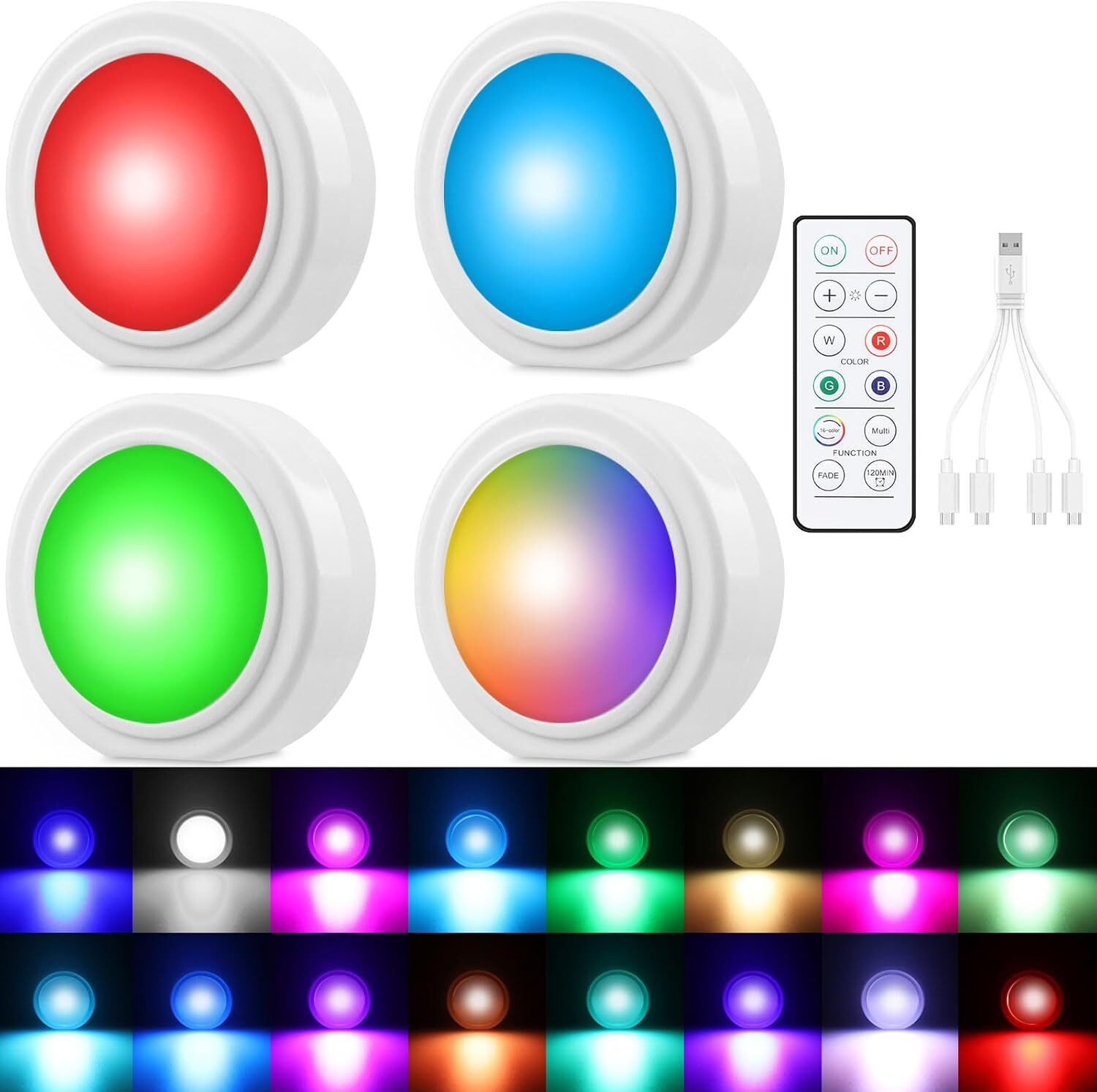 4 Pcs Wireless Interior Car Led Lights with Remote Control, 16 Colors 