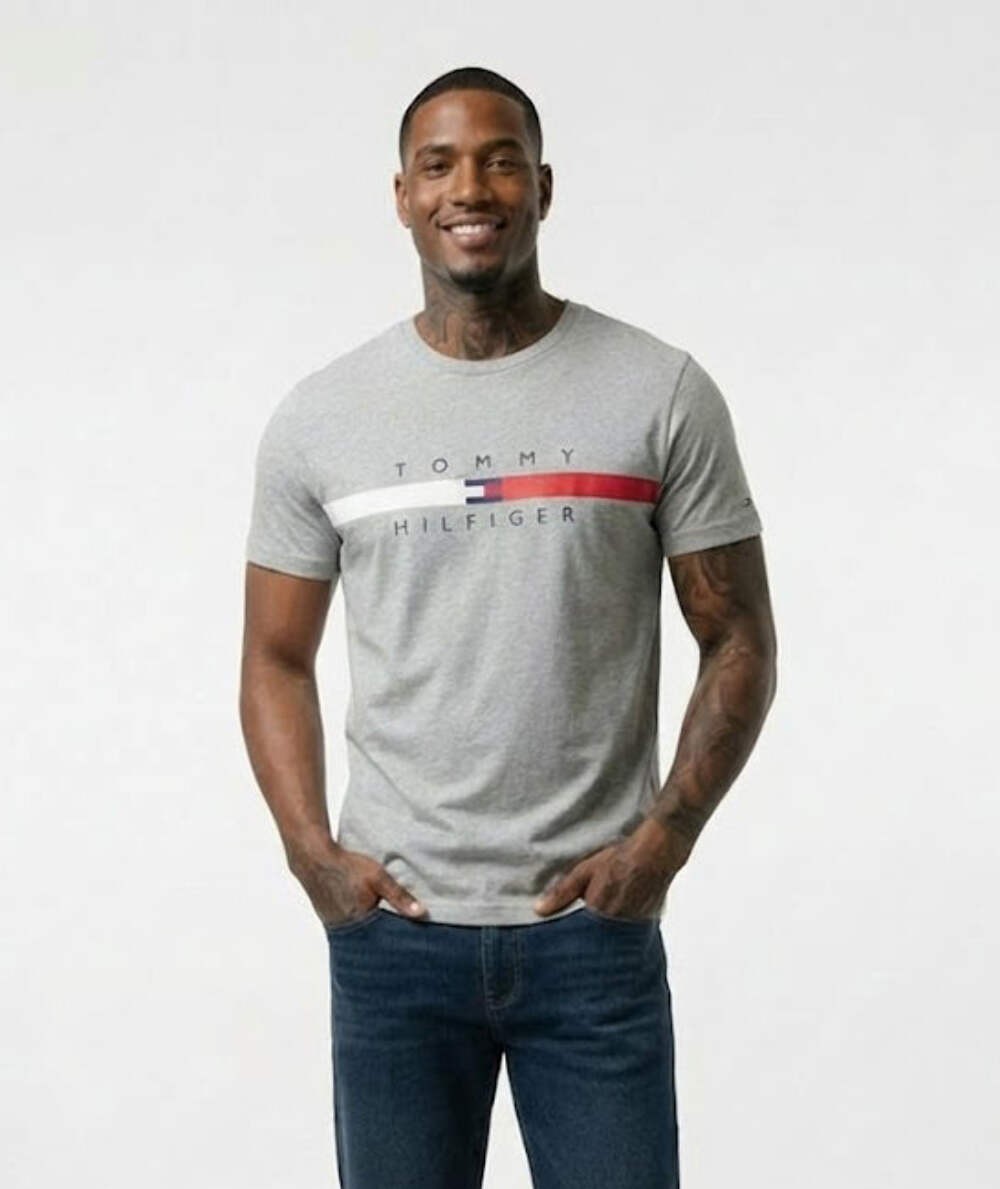 Tommy Hilfiger Mens Flag Stripe T-Shirt B10 Grey Heather 78J4997 050
