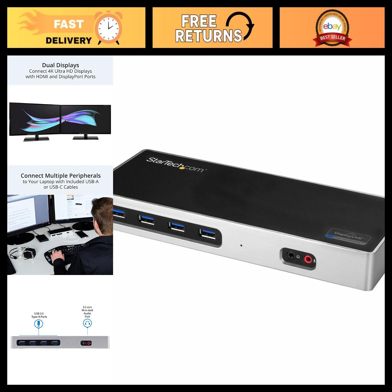 Dual Monitor 4K Docking Station - USB-C/USB-A, HDMI & DisplayPort, 6x USB 3.1, G