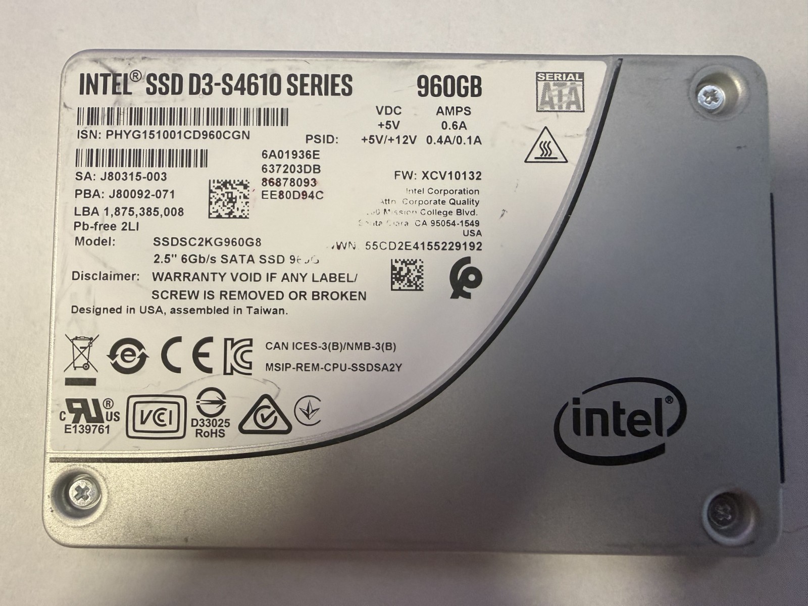 Intel D3-S4610 960GB 2.5" SATA III Enterprise SSD SSDSC2KG960G8 Tested