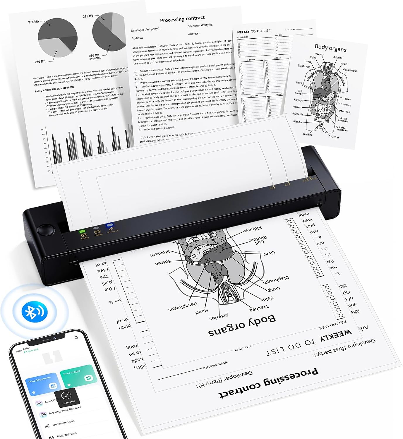 A28U Portable Printer Wireless Inkless Thermal for Travel 8.5 x 11