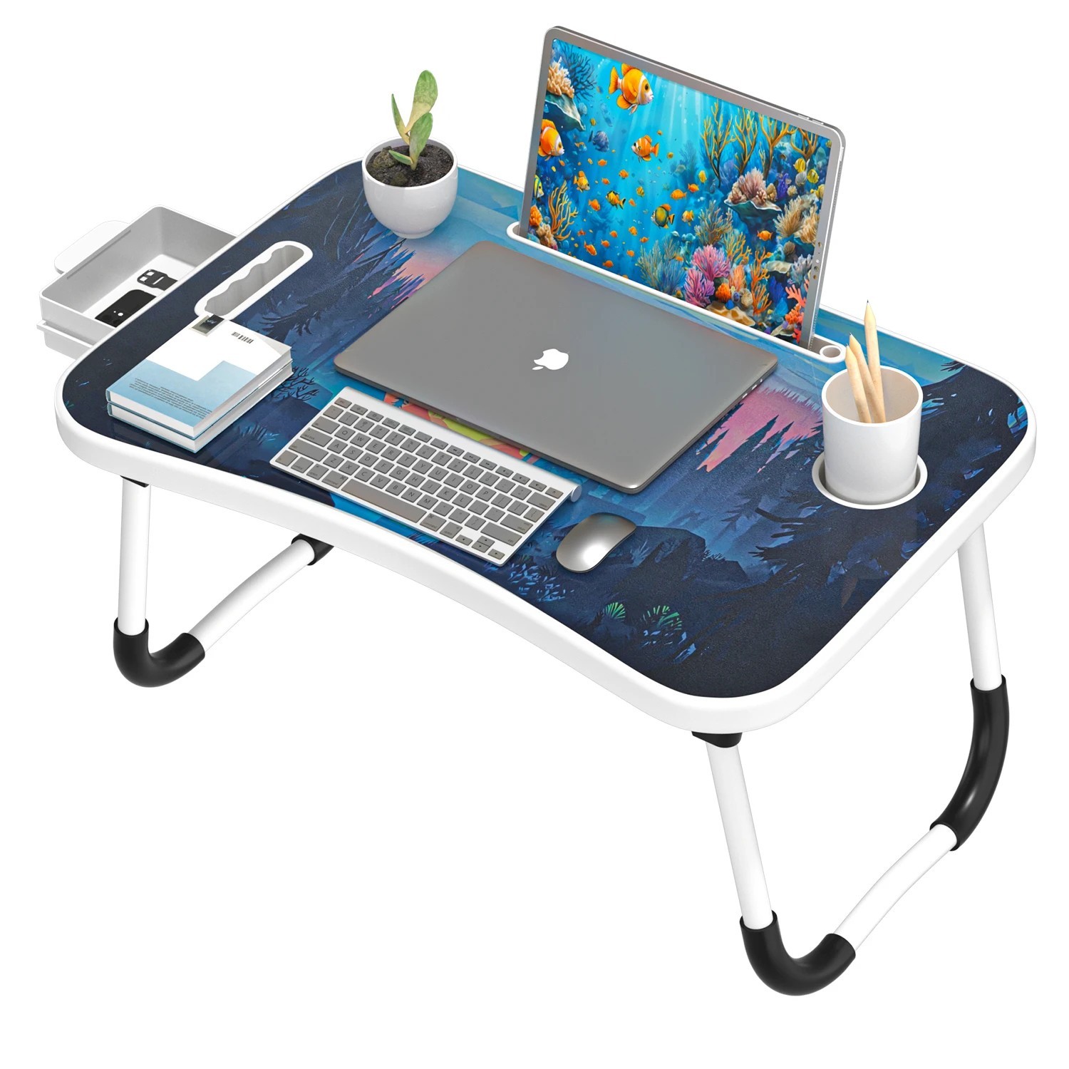 Foldable Laptop Table with Cup Holder & Tablet Slot – Portable Bed Desk