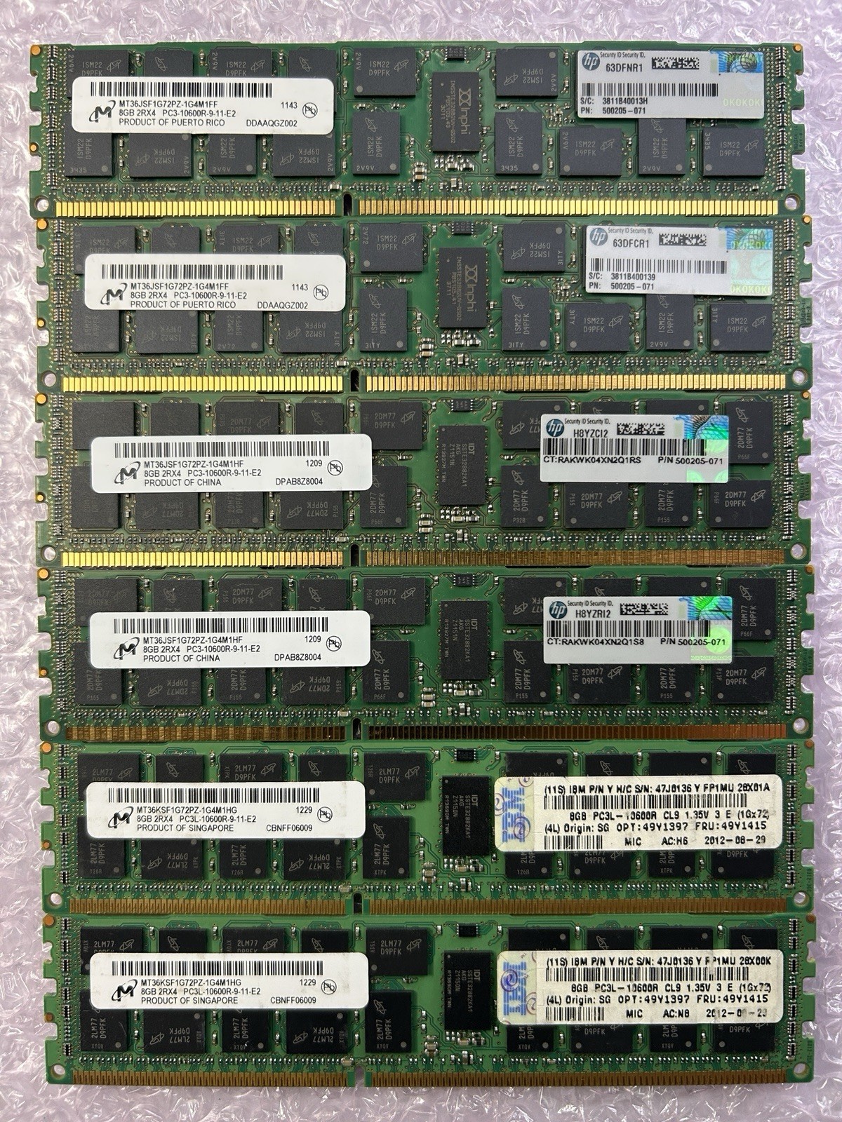 Micron HP IBM 48GB 6x8GB DDR3 PC3-10600R ECC Reg RAM Mixed Lot
