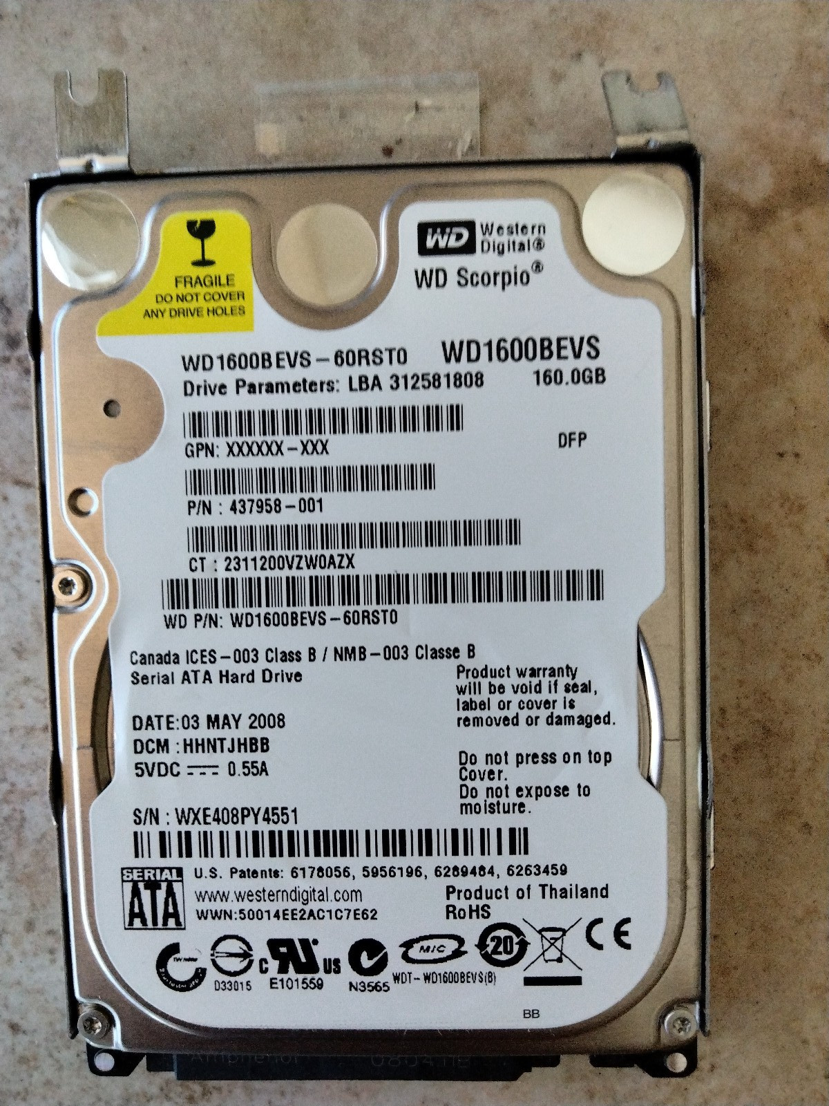 Western Digital Scorpio WD1600BEVS 160GB Internal 5400RPM 2.5"