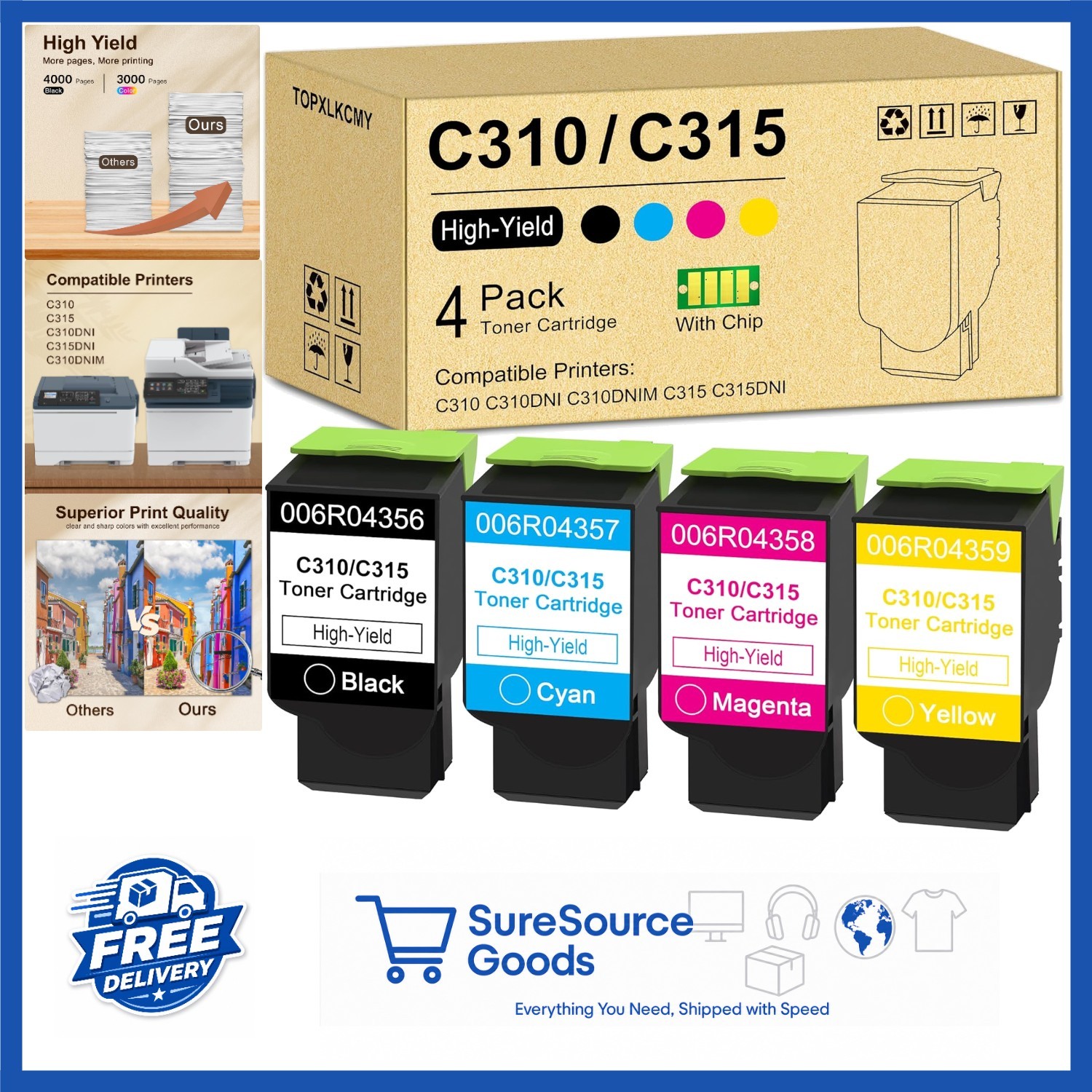 4-Pack Toner Cartridges for Xerox C310 C315 High Yield Black Cyan Magenta Yellow