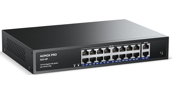 AUMOX PRO SG518P 18-Port Gigabit PoE Switch 250W 16-Port PoE+ Rackmount