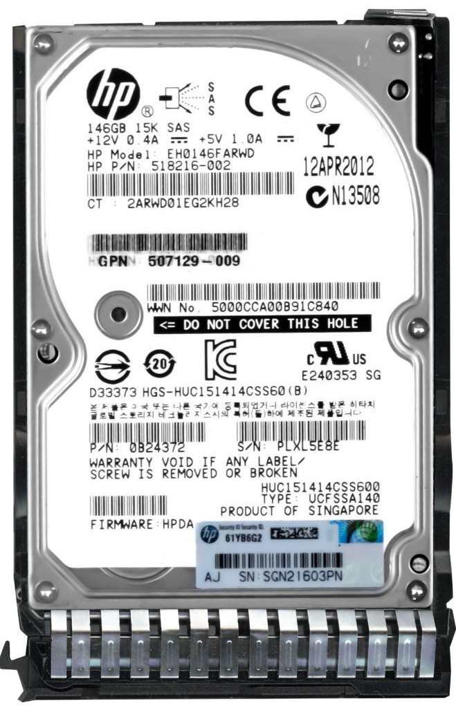 HARD DRIVE HP EH0146FARWD 518216-002 512744-001 146GB 15000RPM 64MB SAS-2 2.5"