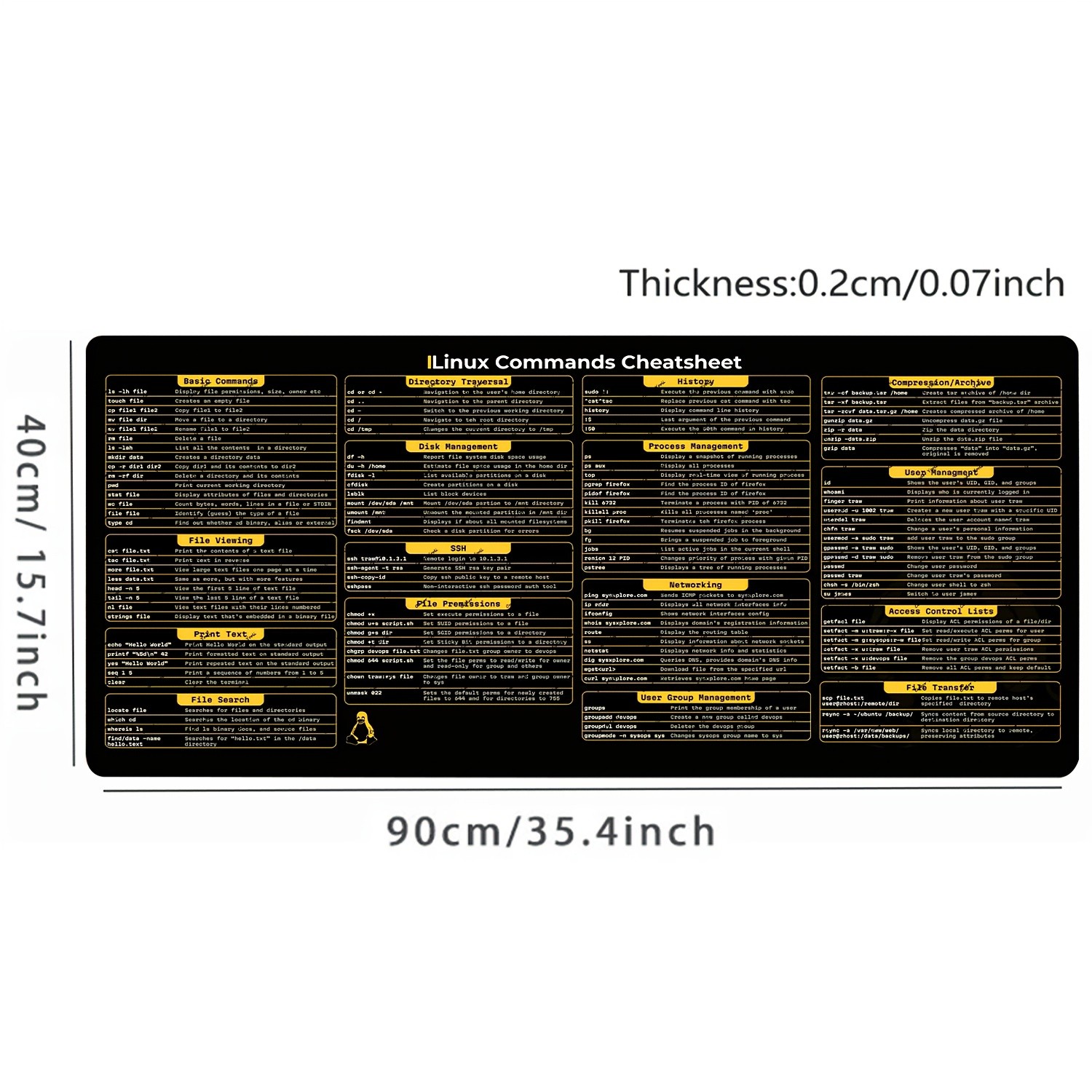 1pc Linux Commands Line Shortcuts Cheat Sheet Large Gaming Mouse Pad, Anti-Sli