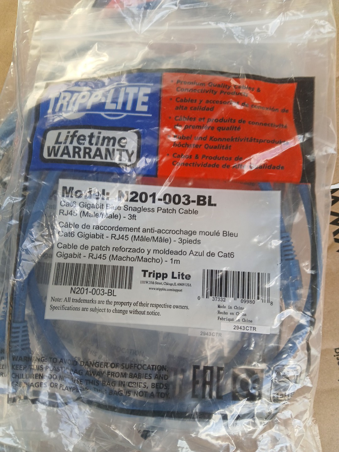 Tripp-Lite N201-003BL Cat6 Gigabit Blue Snagless Patch Cable RJ45 M/M 3ft Lot 10