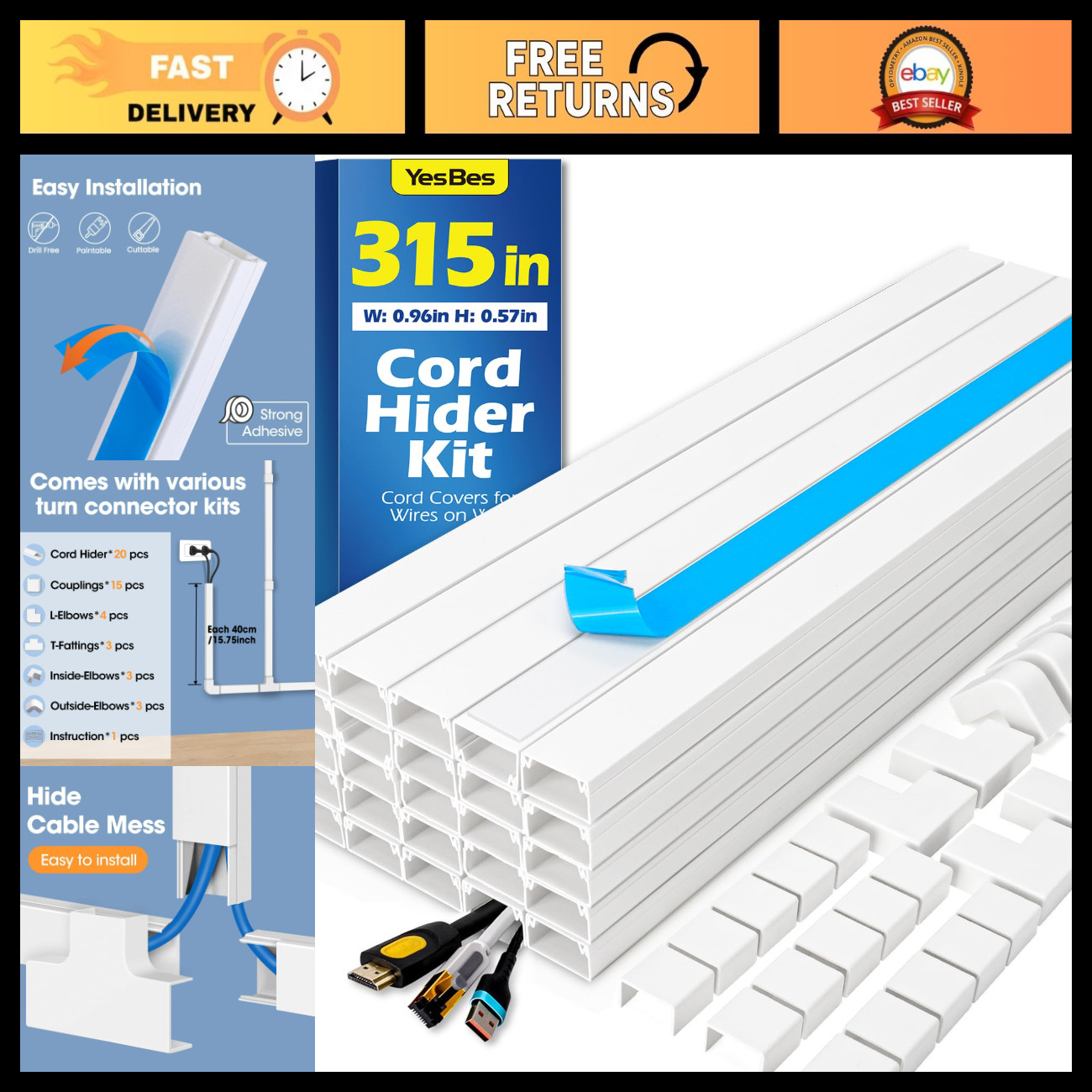 315in Cord Hider Kit - Paintable Cable Raceway & Wall Wire Covers for TV Cords
