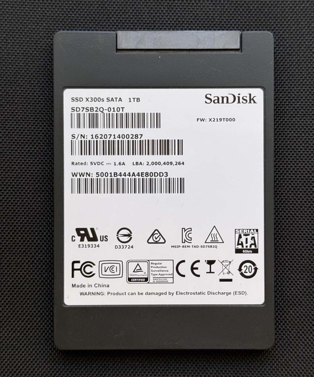 1TB SanDisk X300S SATA 6Gb/s 2.5in SSD SD7SB2Q-010T 100% Health