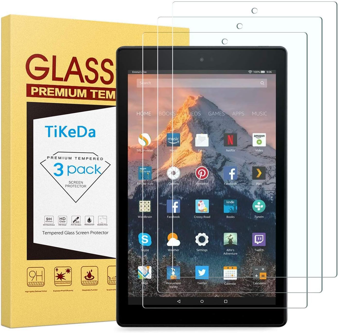 3 Pack Screen Protector for Fire HD 10 Tablet, 9H Tempered Glass, 10.1 inch