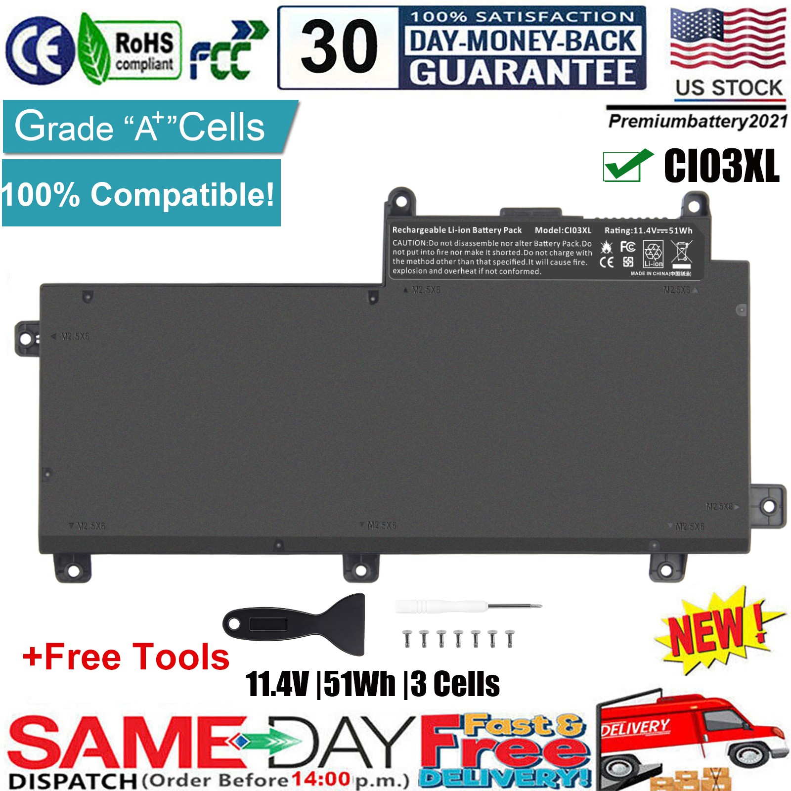 11.4V 51Wh CI03 CI03XL Battery for HP ProBook 640 645 650 655 G2 G3 801554-001