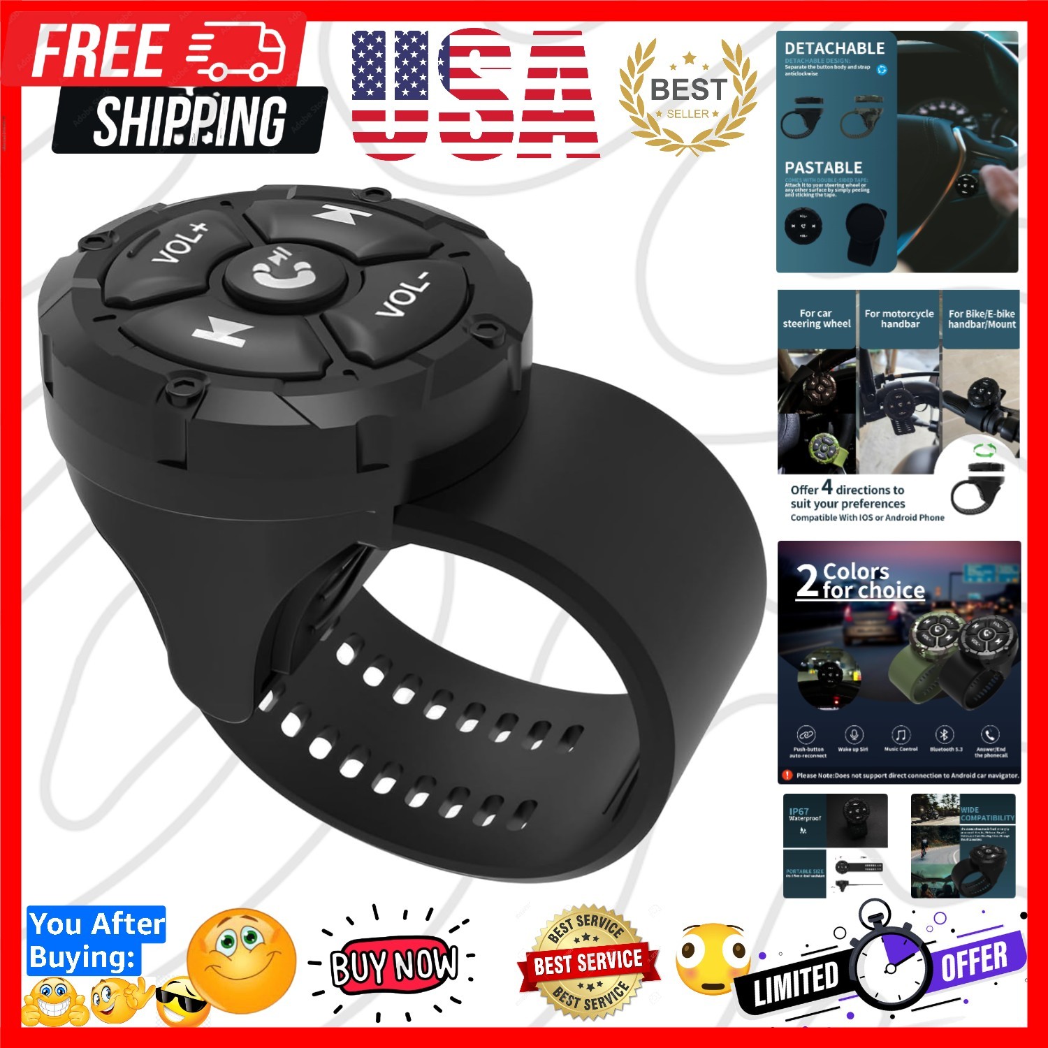 Bluetooth Media Button Remote,Waterproof Wireless Music Controller for Car Bi...