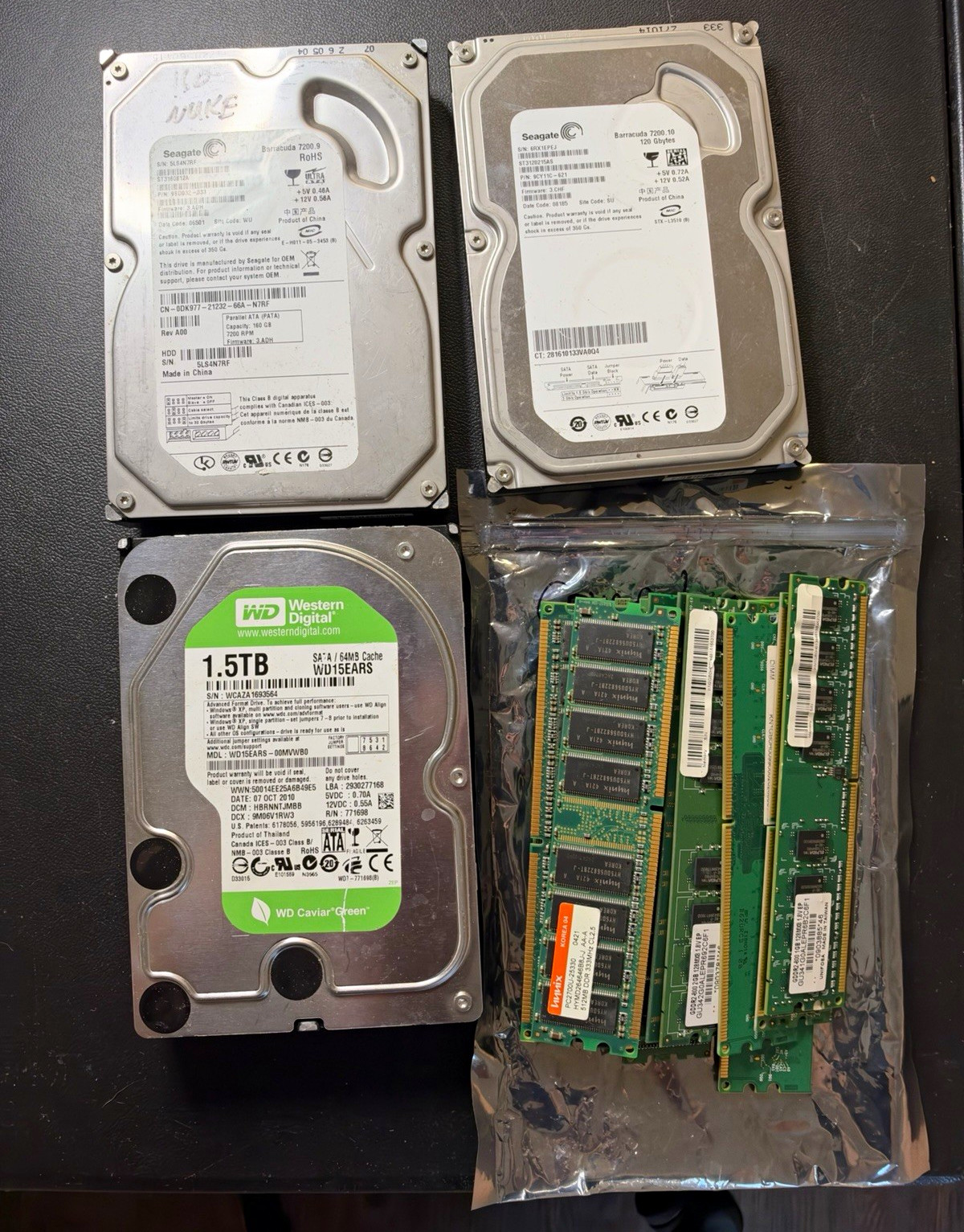  Lot 3 Desktop Hard Drives WD 1.5TB Seagate 160GB 120GB + DDR2 RAM Memory