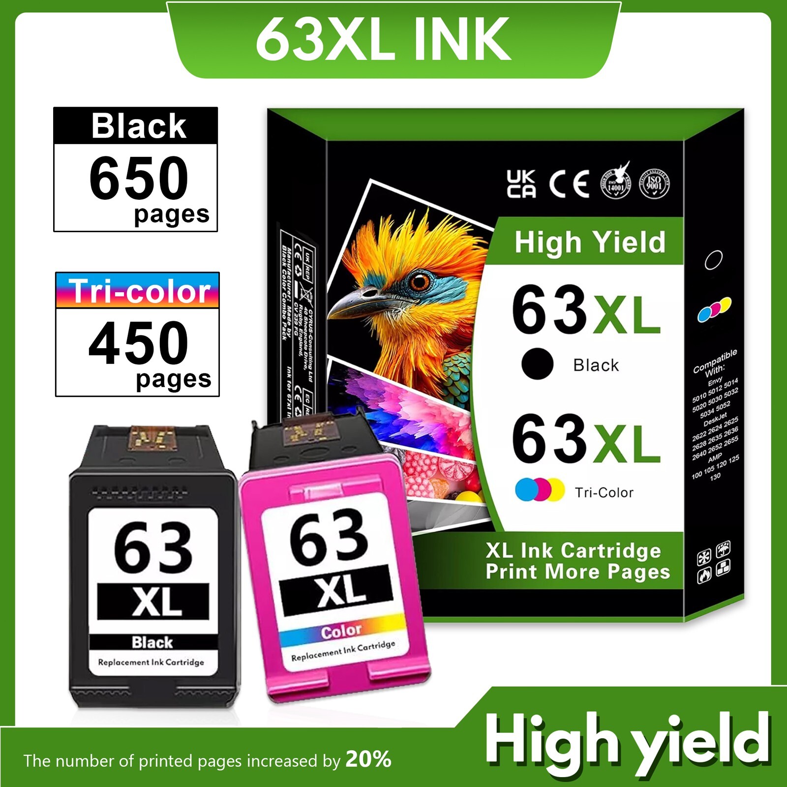 63XL Ink Cartridge Combo 2PK (1 Black, 1 Tri-Color) for 63XL OfficeJet 3830 5255