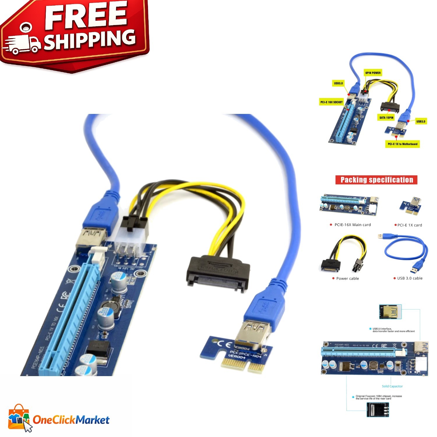 Lightweight PCI-E 1x to 16x GPU Riser Adapter with Power Management Innovations