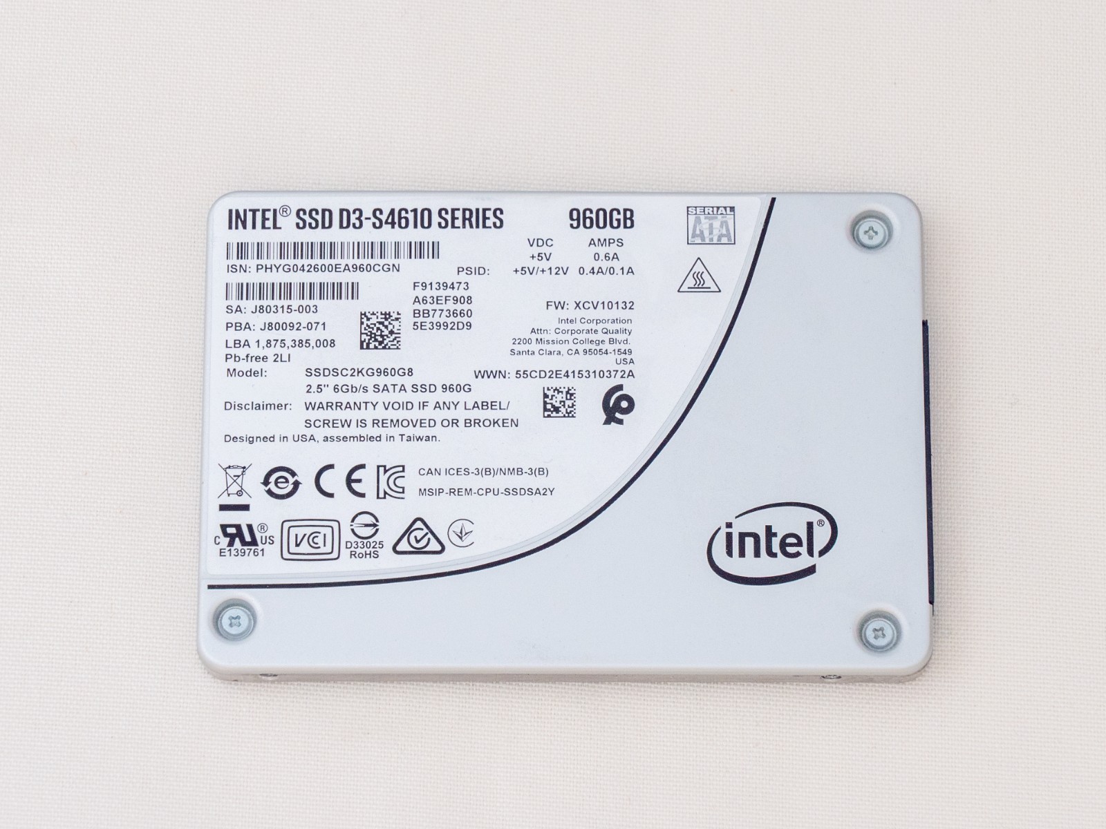 Intel D3-S4610 SSDSC2KG960G8 960GB 2.5" SATA SSD - 100% Health - Low Writes