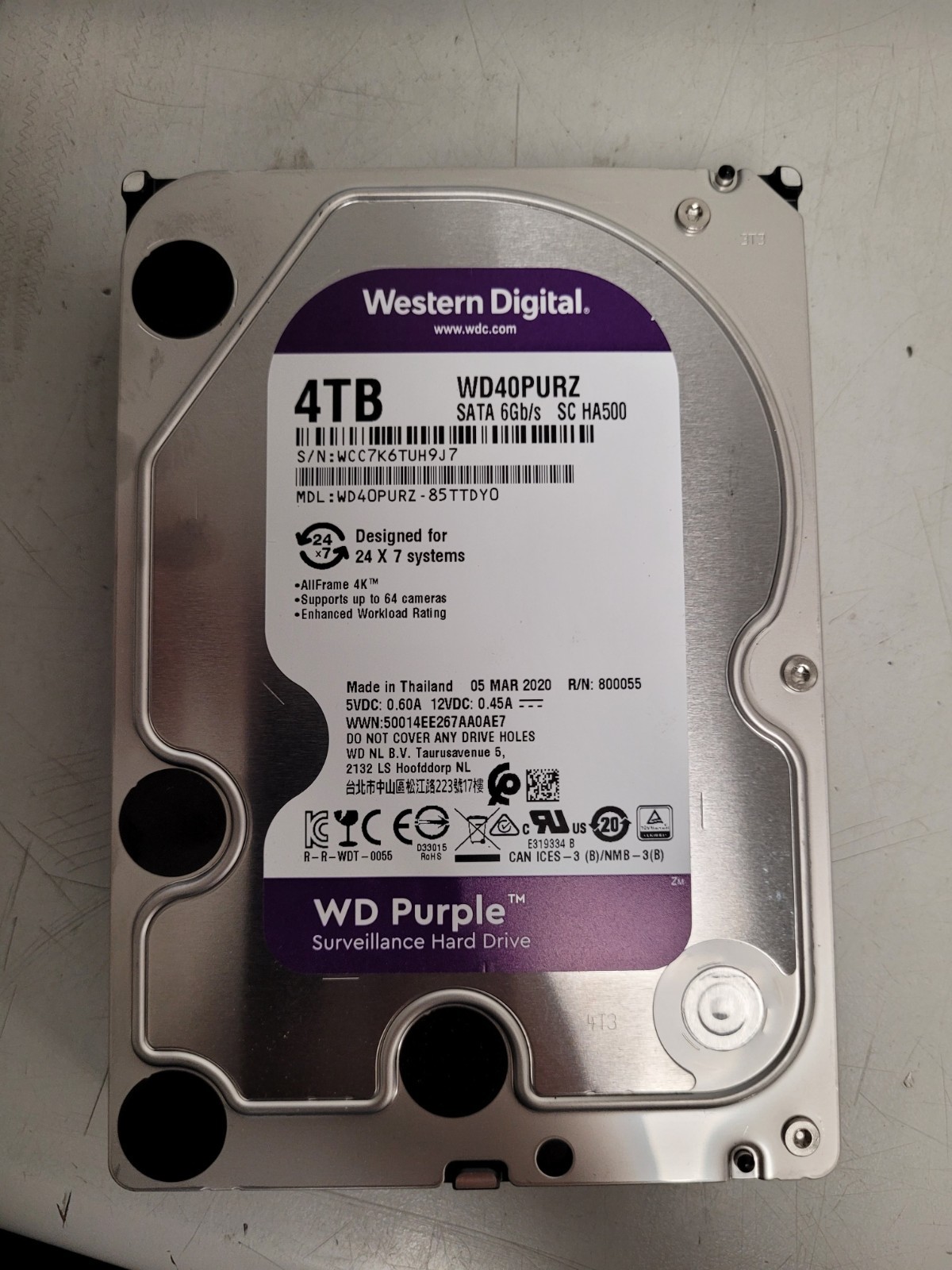 Western Digital WD purple surveillance Hard drive 4tb WD40PURZ used WCC7K6TUH9J7