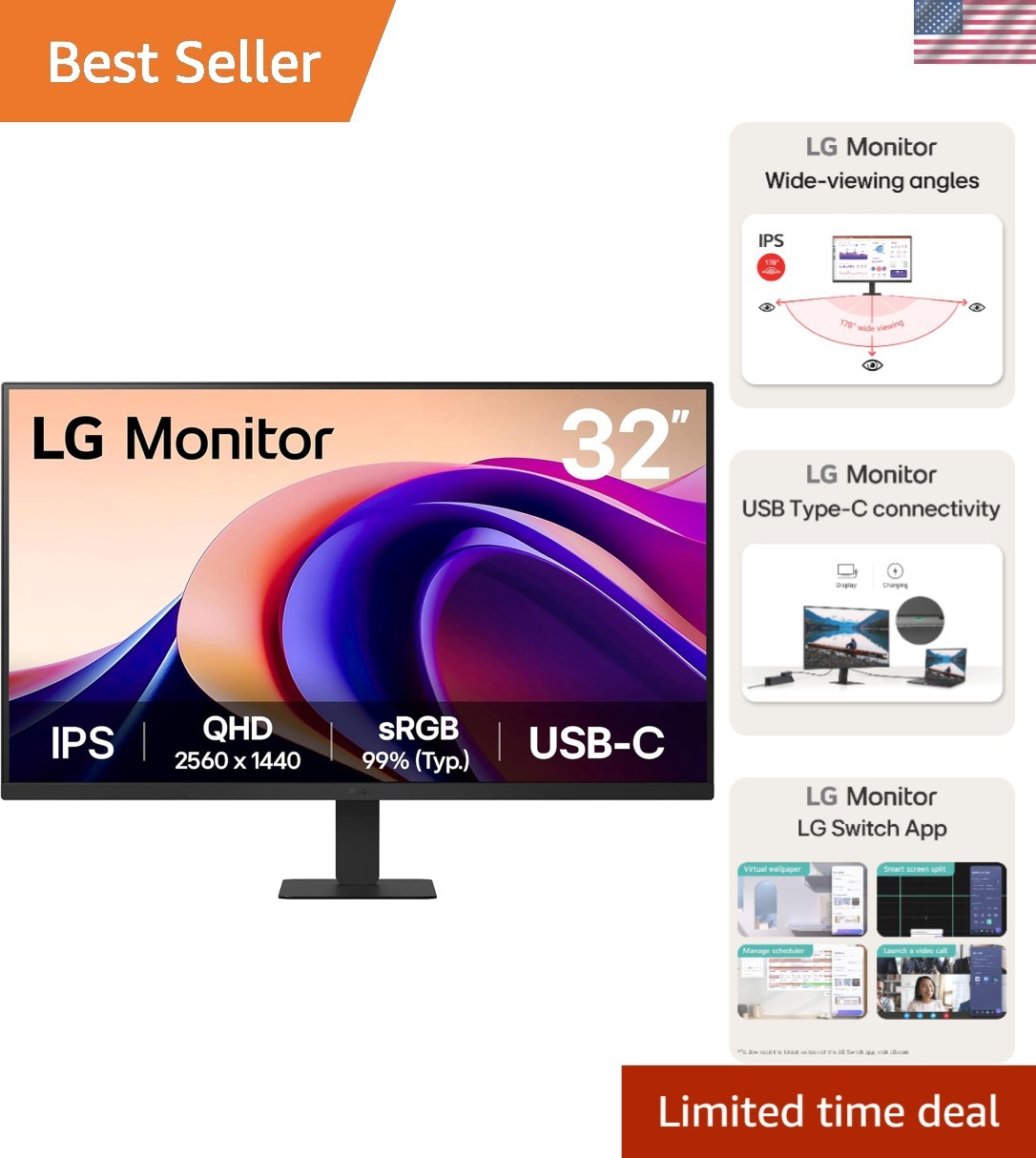 32-inch QHD 2560 x 1440 IPS Computer Monitor, 100Hz, 5ms, , Reader Mode, Flic...
