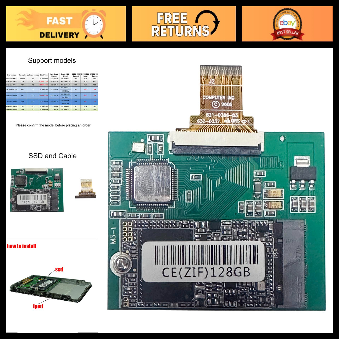 128GB Solid State Drive SSD for iPod Classic 6th 7th Video 5G Upgrade ZIF CE