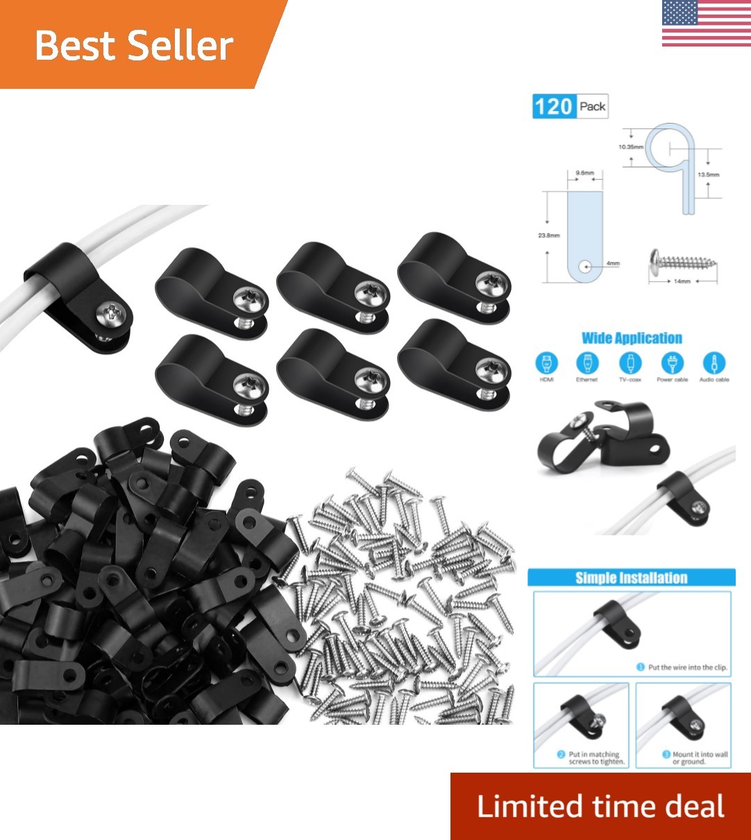 Durable 120pcs 3/8 Inch Black R-Type Cable Clips - Easy Installation with Screws
