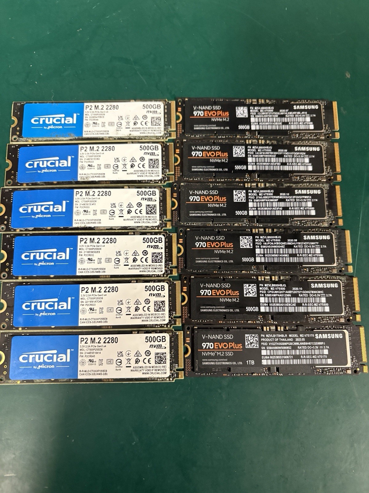 Lot of 12 500GB NVME SSD, Samsung Evo 970 and Crucial P2