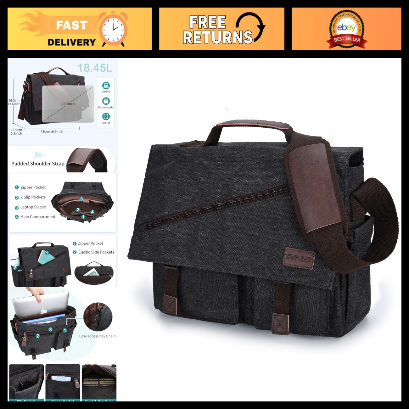 Water Resistant Canvas Messenger Bag for Men, 14-17 Inch Laptop Satchel, Busines