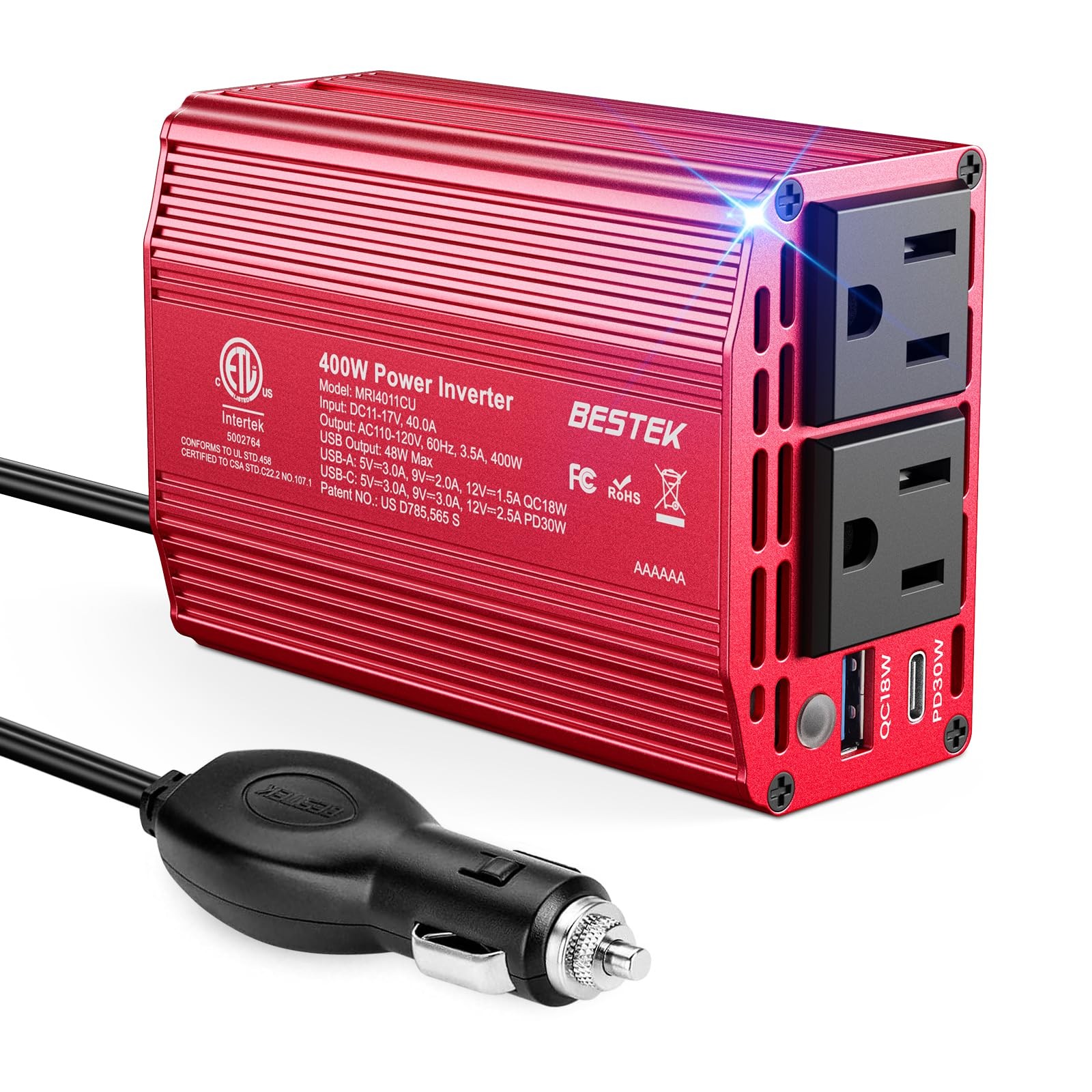 400W Car Power Inverter DC 12V to AC 110V Car Charger Plug Adapter - BESTEK