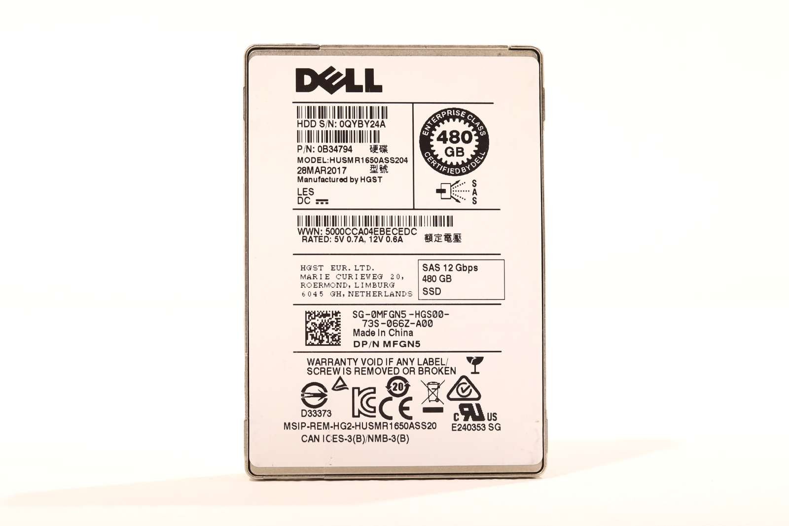 Dell HUSMR1650ASS204 480GB 2.5" 12Gb/s SAS Solid State Drive Dell P/N: 0MFGN5