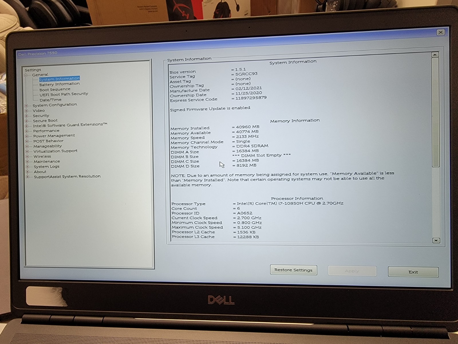 Dell Precision 7550 i7-10850H 2.7GHz 40GB RAM no OS no ssd no charger
