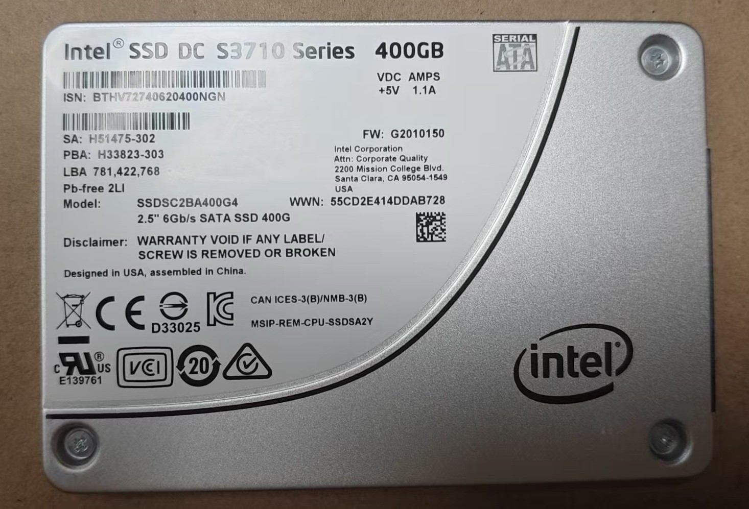 Intel DC S3710 Series 400GB SSD MLC 2.5" SATA SSDSC2BA400G4 Solid State Drive