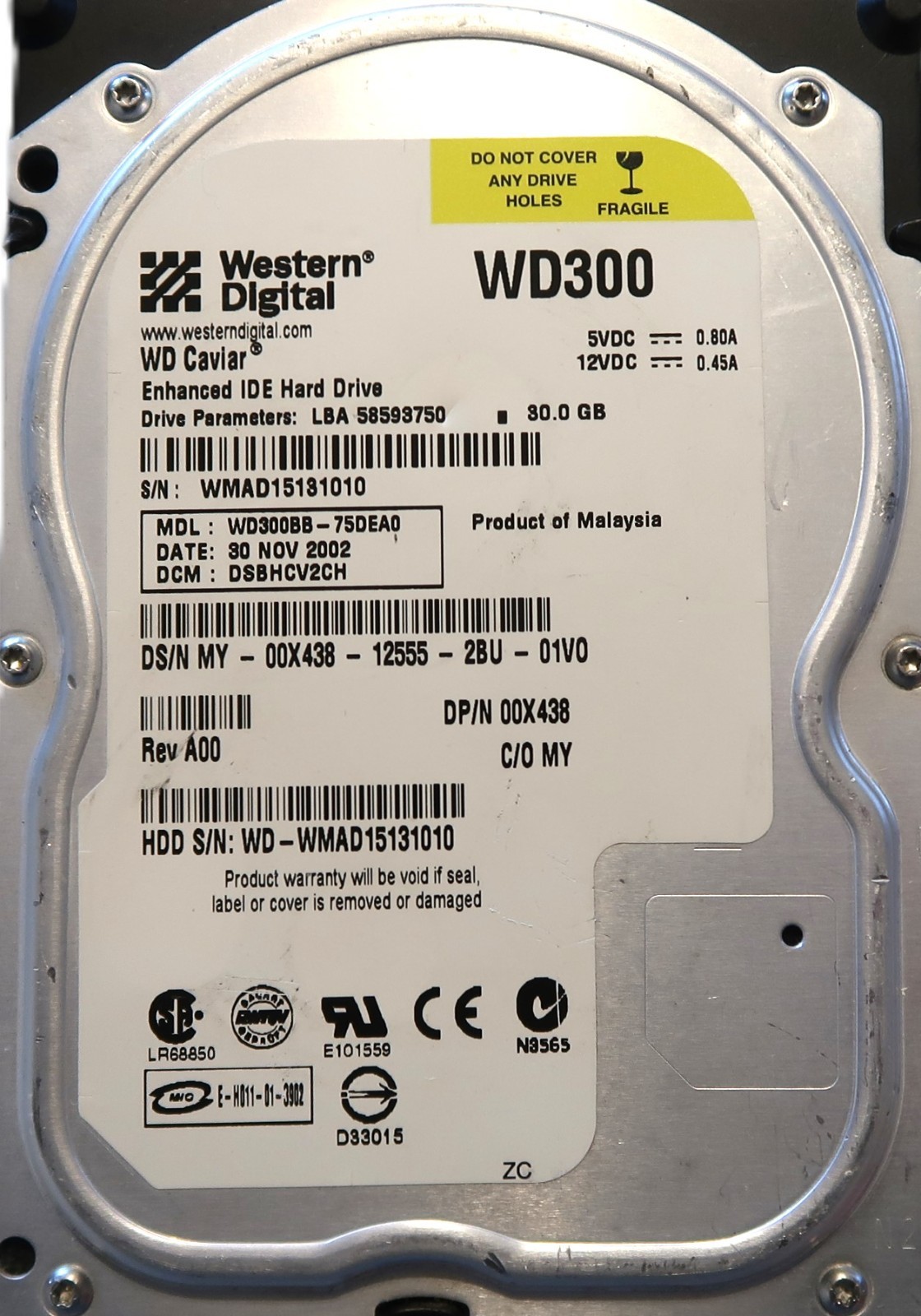 WD WD300BB-75DEA0 DSBHCV2CH (WMAD) Malaysia 3.5" 30gb IDE/ATA HDD NOV/2002