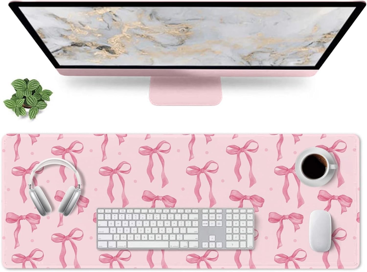 Pink Mouse Pad, Large Pink Desk Mat Bows Computer Mat, Gaming Keyboard and Mouse